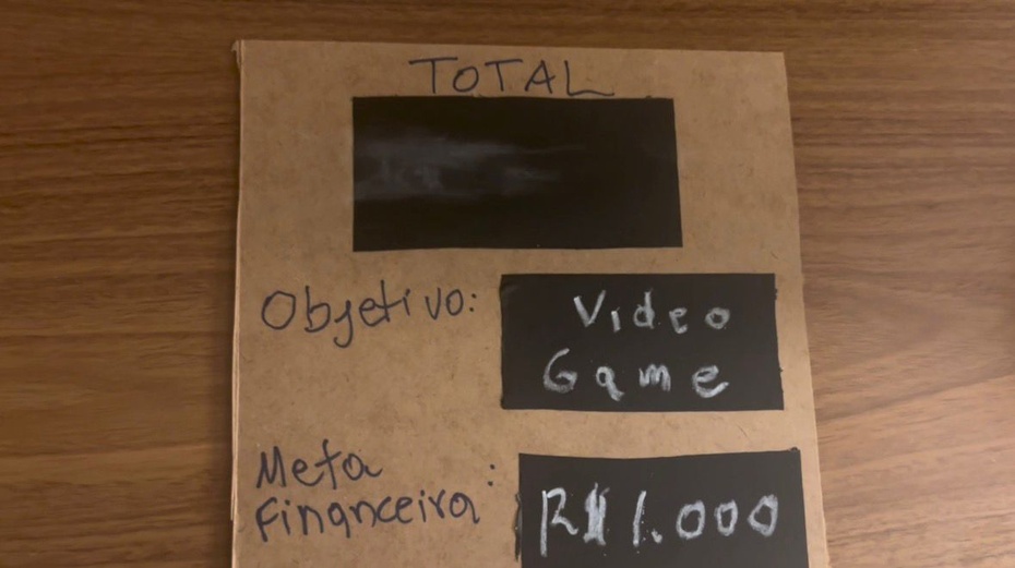 Faça as anotações na tampa frontal como "total", "objetivo" e "meta financeira" e use a lousa adesiva para colagem, giz e caneta permanente.