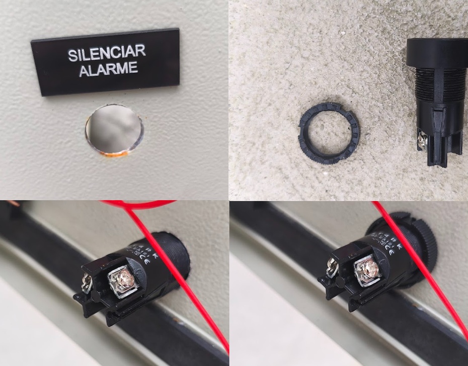 Utilizando a furadeira e serra copo 22mm, perfure a tampa da caixa nos locais marcados e instale os as indicações e botões da tampa (com exceção do display).