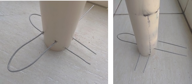 Passe os arames de fixação atravessando o cano - eles formarão uma “cruz” interna, impedindo que o tubo tombe do vaso.