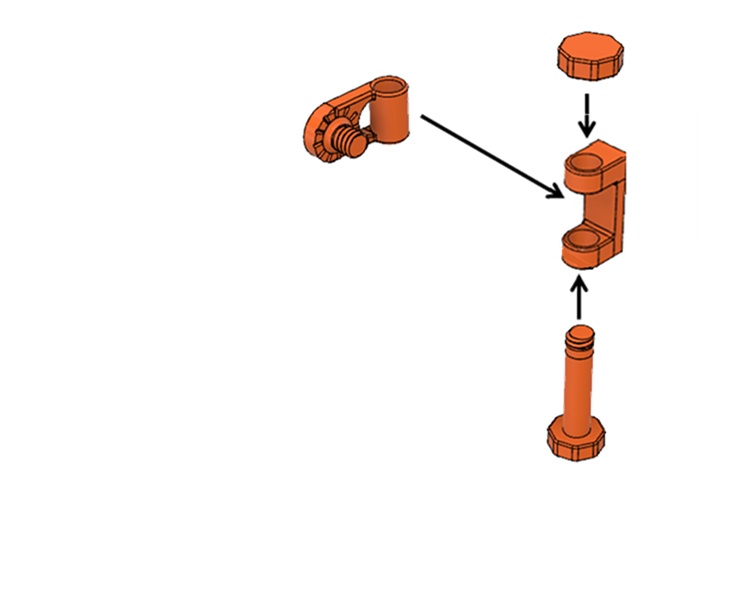 Comece pela peça de suporte de parede. O parafuso passa pelo suporte de parede e pelas partes da junção da parede e é travado com um botão em sua extremidade.