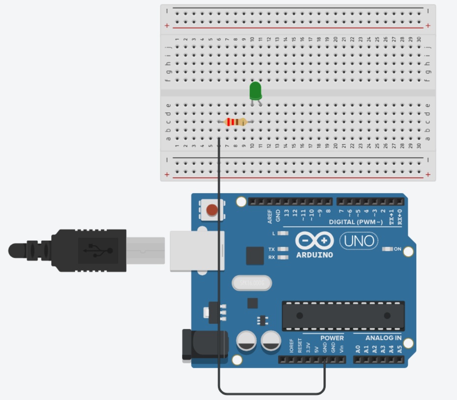 Ligue a outra perna do resistor ao GND no arduino com o cabo de conexão para protoboard macho/macho;
