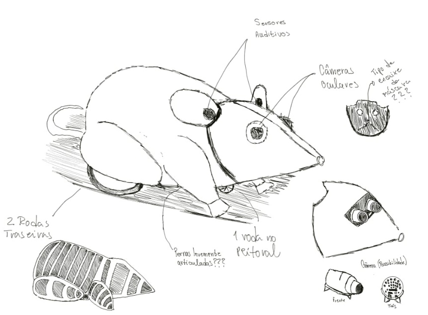 Rascunho 
Desenho feito por Leonardo Libano para termos ideia do que queríamos fazer no nosso robô, assim como desejávamos que sua aparência ficasse. Inicialmente, foi pensado o uso de câmeras nos olhos e uma carapaça vazada (como costelas), características essas que foram descartadas após fazermos o mockup do robô, por exigir um investimento muito maior e uma modelagem mais complexa, a qual tomaria muito tempo em comparação ao que tínhamos para produzir o projeto como um todo.