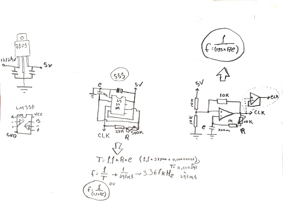 Sabendo quais pinos serão utilizados, agora precisamos fazer o controle do motor. Utilizar Arduino certamente seria uma tarefa muito simples, e mais precisa. Porém decidi optar por utilizar um circuito simples e analógico por ser baixo custo. Fiz dois circuito, um utilizado o timer 555 e outro utilizando um amplificador operacional, ambos funcionam e são alimentados pelos 5V do regulador (que no meu caso, já deixei ligado na própria placa do motor).

Com o 555, requer menos componentes (teoricamente daria pra utilizar somente 1 capacitor e 1 resistor ou potenciômetro);

Utilizando o Op-Amp, como LM741, LM358, TL072, o consumo é bem menor (~2mA),  porém requer um pouco mais de componentes, porém fiz de uma forma que utiliza valores padrão, utilizei 10K, mas como são todos iguais (exceto o resistor R para ajuste de frequência), pode-se utilizar outros valores (recomendo maiores que 1k e menores que 100k Ohms). 

A saída de ambos pode ser ligada diretamente no sinal CLK, como a tensão de saída nunca vai ultrapassar a alimentação do chip (5V) pois todos são alimentados pelo mesmo regulador, caso utilize Arduino, recomendo utilizar valores de 100-470 Ohms somente por precaução.