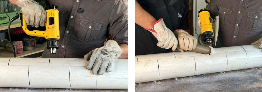 Aqueça o PVC com o soprador térmico até ficar maleável - a foto é do MM – Iberê!  (sozinho não consegui tirar a foto...)