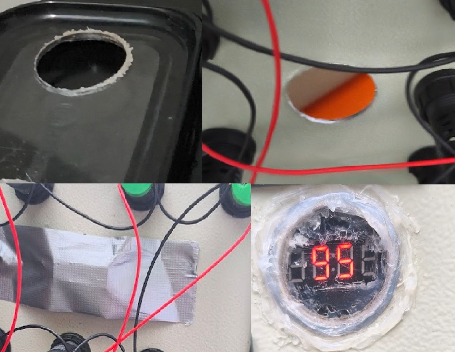 Para o display, faça um furo na tampa com a serra copo de 34mm e improvise uma capa protetiva, utilizando um pote de acrilico velho, silicone, EVA e silver tape.