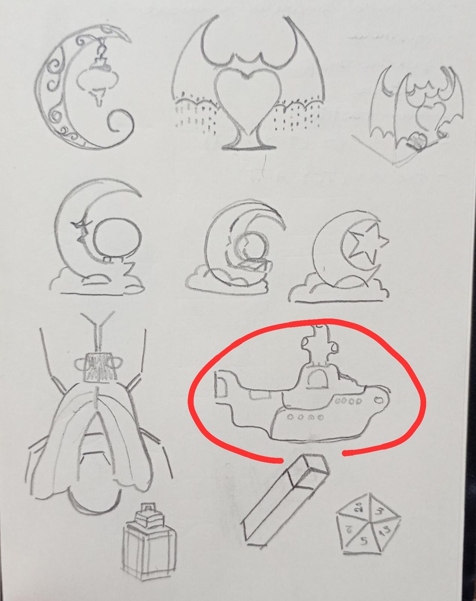 Durante a fase inicial de rascunhos e brainstorming para o design da luminária, decidi seguir com a proposta do Submarino Amarelo, que serviu de base para todo o detalhamento técnico posterior.