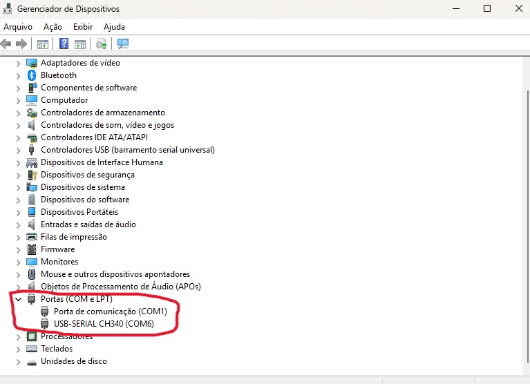 Se tudo correr bem no gerenciador de dispositos ele irá aparecer conectado a alguma porta. Será importante saber disso quando for carregar o programa na IDE do Arduino. neste caso é a porta COM6