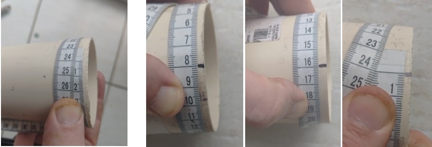 Meça a circunferência do cano e divida por três (deve dar próximo a 24 cm) - marque com a caneta os três pontos da circunferência (ex..: 8, 16 e 24cm), O cano ficará com marcas para ser dividido em três partes iguais.