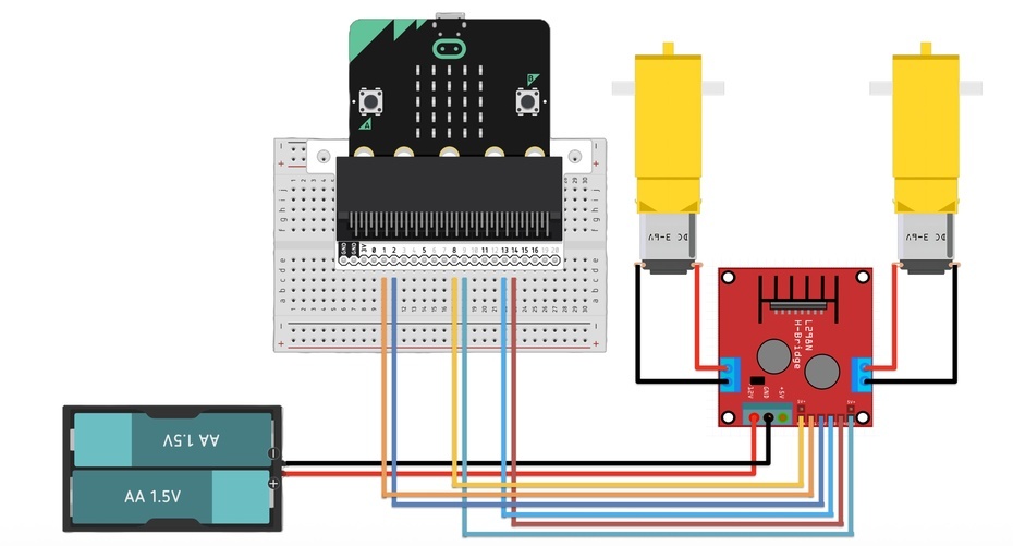 Montagem do circuito do motor

Para a montagem do circuito do motor,  siga as especificações:
- Porta digital micro:bit (P1) é ligada ao IN1 da ponte-H (Controle do sentido do motor esquerdo)
- Porta digital micro:bit (P2) é ligada ao IN2 da ponte-H (Controle do sentido do motor esquerdo)
- Porta analógica micro:bit (P8) é ligada ao ENA da ponte-H (Controle da velocidade do motor esquerdo)
- Porta analógica micro:bit (P9) é ligada ao ENB da ponte-H (Controle da velocidade do motor direito)
- Porta digital micro:bit (13) é ligada ao IN3 da ponte-H (Controle do sentido do motor direito)
- Porta digital micro:bit (14) é ligada ao IN4 da ponte-H (Controle do sentido do motor direito)

Observação: confira sempre a pinagem do seu módulo de ponte H. Alguns módulos podem ter nomes ou posições diferentes para os pinos.