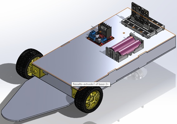 Modelagem no solidworks: para preparar como as peças serão cortadas na cortadora a laser, e como cada peça será montada no robô. No projeto não esqueça de colocar um buraco entre o meio e a frente da base superior para permitir que os jumpers possam ligar os motores elétricos pequenos à ponte H, permitindo o controle dos motores, e não necessitando o uso de uma furadeira.