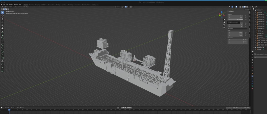 Importar um modelo detalhado para usa-lo como referencia no Blender
Modelar usando formas primitivas com tamanho minimo de 1.20m nas menores dimensões
Exportar no formato STL cada parte modelada (modulos e casco)