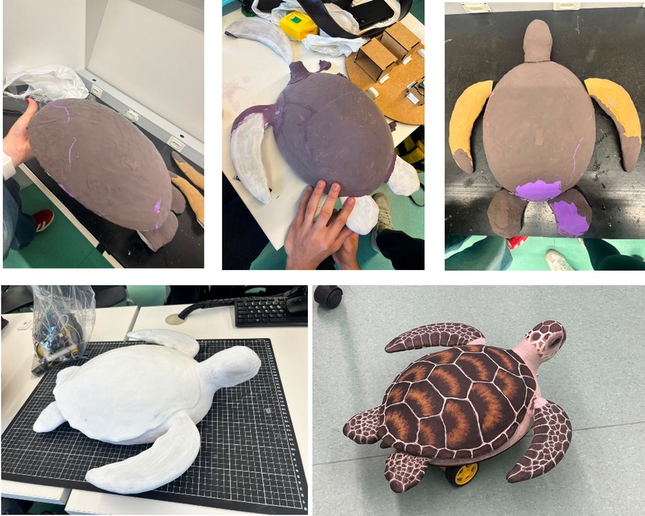 A personalização da tartaruga foi feita com massinha de EVA, aplicada por cima das peças impressas em 3D. Esse material ajudou a modelar melhor o formato do casco, da cabeça e das nadadeiras, deixando a aparência mais detalhada. Depois da modelagem, a peça foi pintada com tinta, para dar um acabamento mais realista e deixar a tartaruga com um visual mais próximo de uma tartaruga marinha.