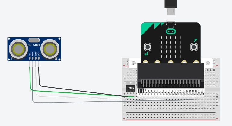 Conexão do sensor com o micro:bit

Uma possivel ligação é:
- GND do sensor com o negativo do regulador de tensão
- Vcc do sensor com o positivo do regulador de tensão
- TRIG do sensor: P15
- ECHO do sensor : P5

O regulador de tensão é necessario por que a tensão do sensor é o dobro da tensão do micro:bit

Os pinos utilizados podem ser modificados, mas vão ser referienciados na programação.