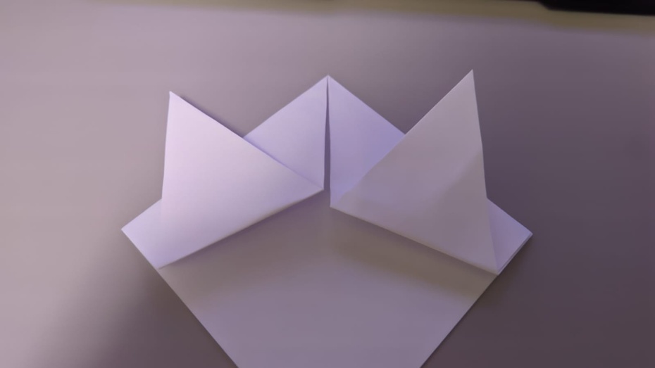 Com apenas uma das folhas pegue essas duas pontas e deixe ela pra cima (quanto mais você puxa pra cima, maior vai ser as orelhas do gato)