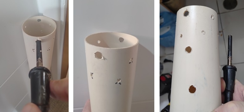 Faça vários furos de maior calibre na parte inferior do cano para a drenagem (usei a parte larga do ferro de solda), permitindo que o excesso de água escoe.