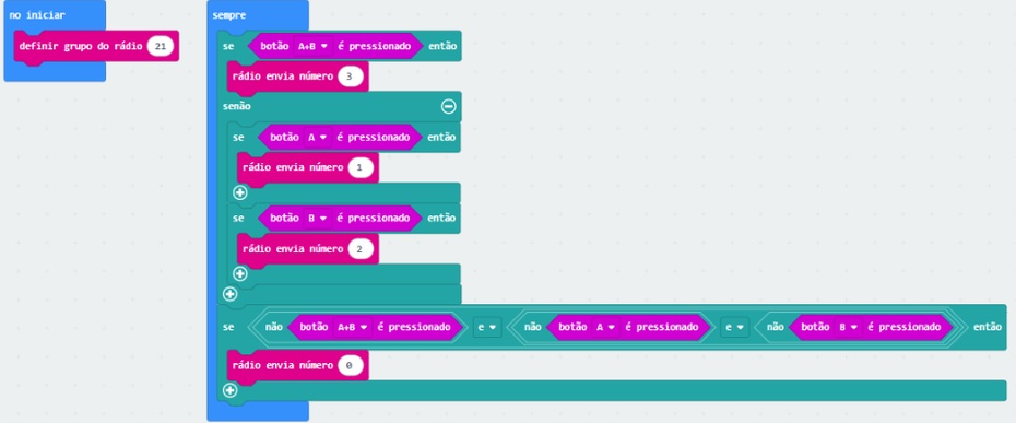 Controle
A programação dos componentes presentes no projeto foram realizadas através da "Microsoft Makercode for micro:bit", uma plataforma online gratuita para aprender a codificação, em linguagem de blocos.
Foram realizados duas programação, uma para cada microbit, a primeira é a responsável por, ao pressionar um botão ou outro, ou os dois, enviar um comando para acionar uma ou roda outra roda, ou as duas,  fazendo com que o robô seja controlado por controle remoto.
