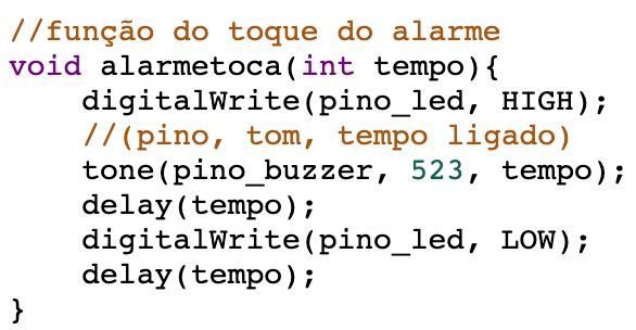 Dentro da função “alarmetoca” é possível ajustar o som do buzzer, alterando o número 523 pela frequência desejada.
