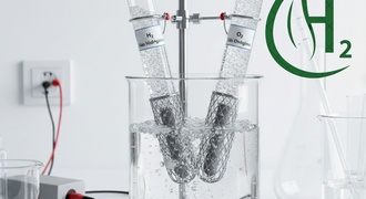 Produção de hidrogênio (H₂) a partir da eletrólise da água.