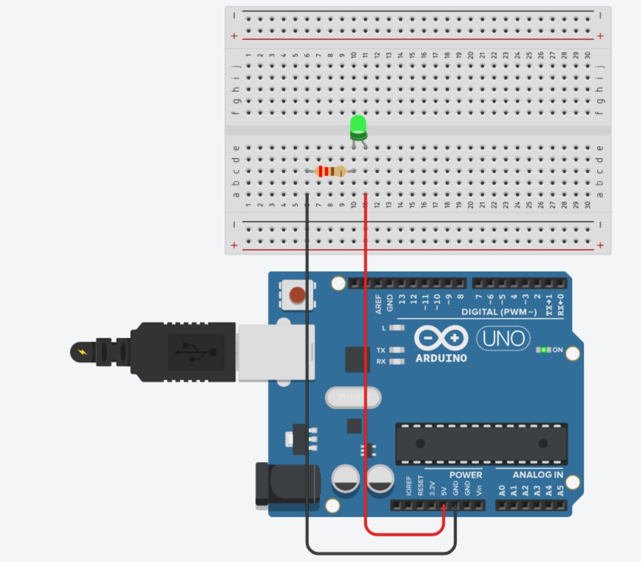 Ligue o arduino a fonte de alimentação com o cabo USB, pode ser ligado no USB do computador e o led acenderá.